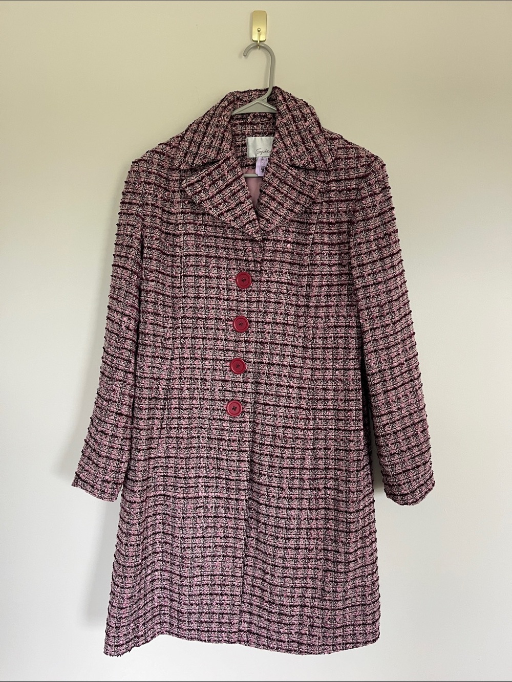 Textured Pink Tweed Button-Front Women's Coat